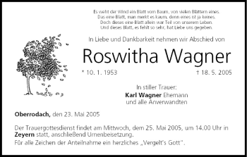 Anzeige von Roswitha Wagner von MGO
