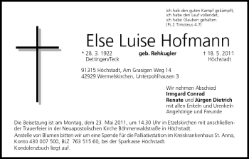 Anzeige von Else Luise Hofmann von MGO