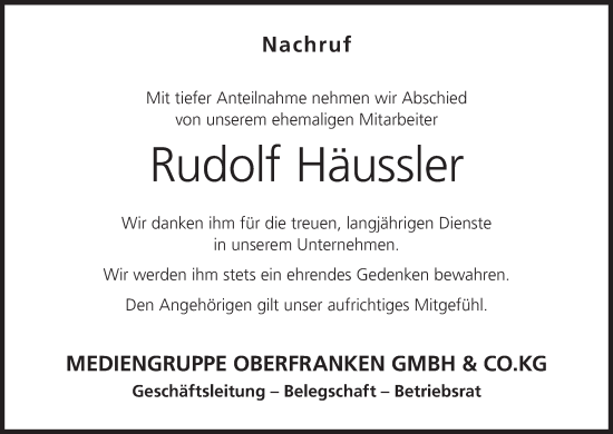 Anzeige von Rudolf Häussler von MGO