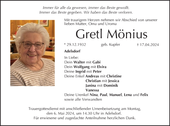 Anzeige von Gretl Mönius von MGO