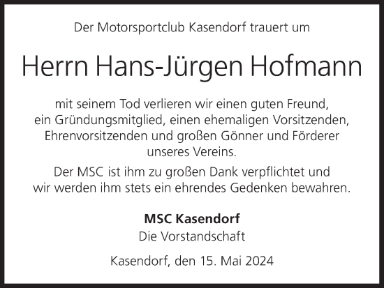 Anzeige von Hans-Jürgen Hofmann von MGO
