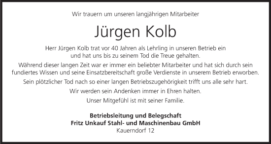 Anzeige von Jürgen Kolb von MGO