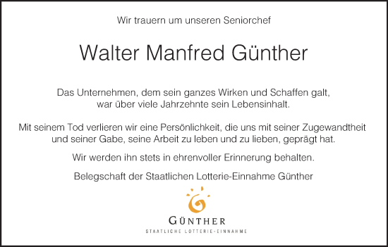 Anzeige von Walter Manfred Günther von MGO