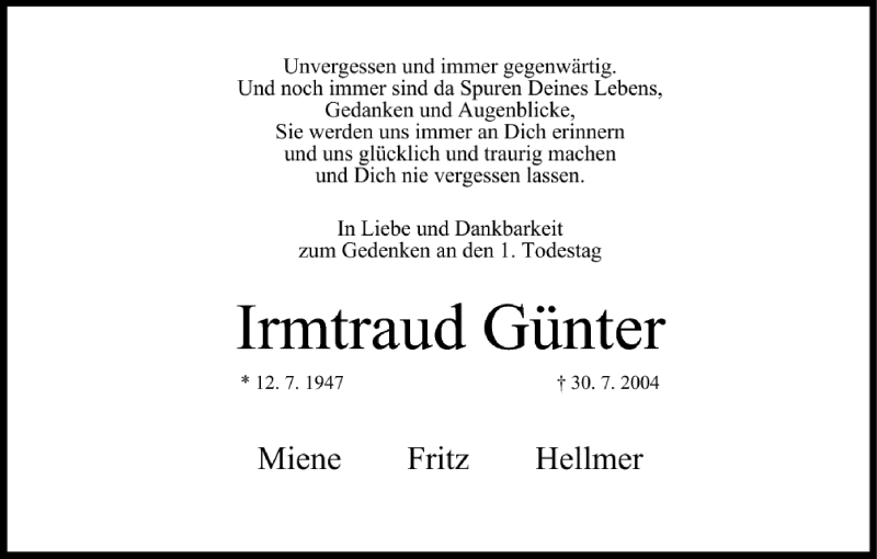  Traueranzeige für Irmtraud Günter vom 30.07.2005 aus MGO