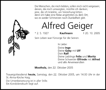 Alfred Geiger Traueranzeige Trauer Infranken De