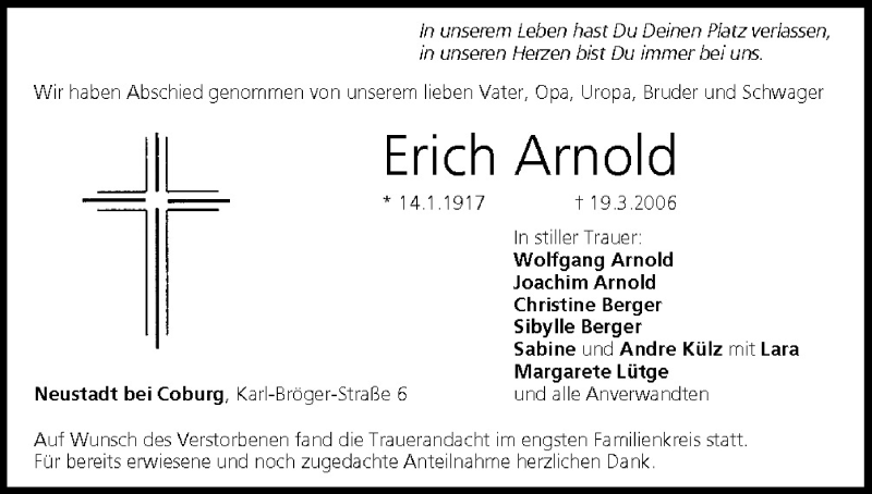 Erich Arnold Traueranzeige Trauer InFranken De