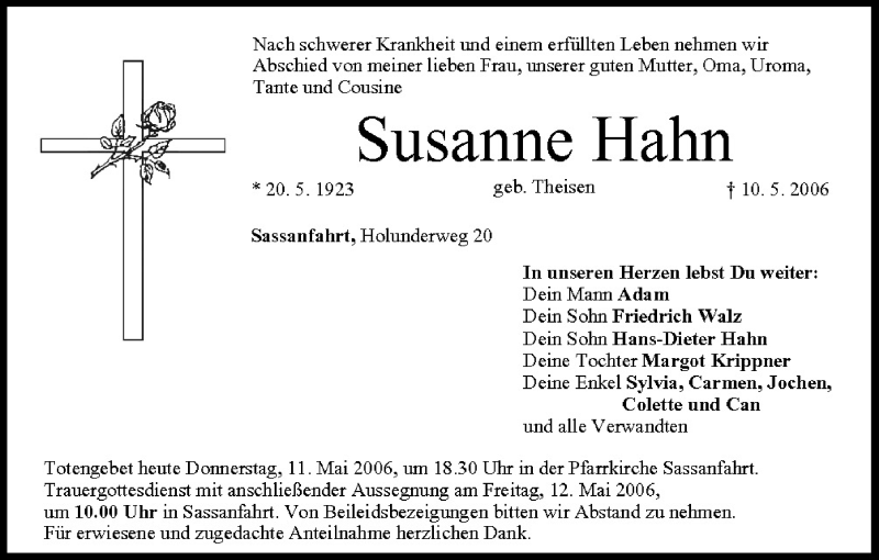  Traueranzeige für Susanne Hahn vom 11.05.2006 aus MGO