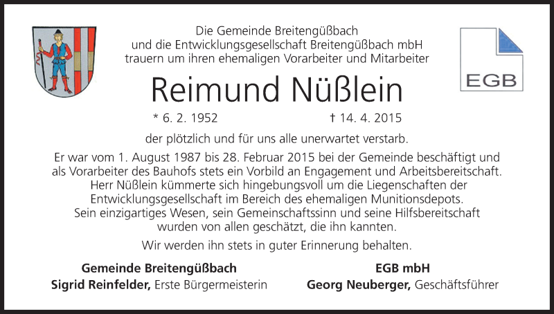  Traueranzeige für Reimund Nüßlein vom 17.04.2015 aus MGO