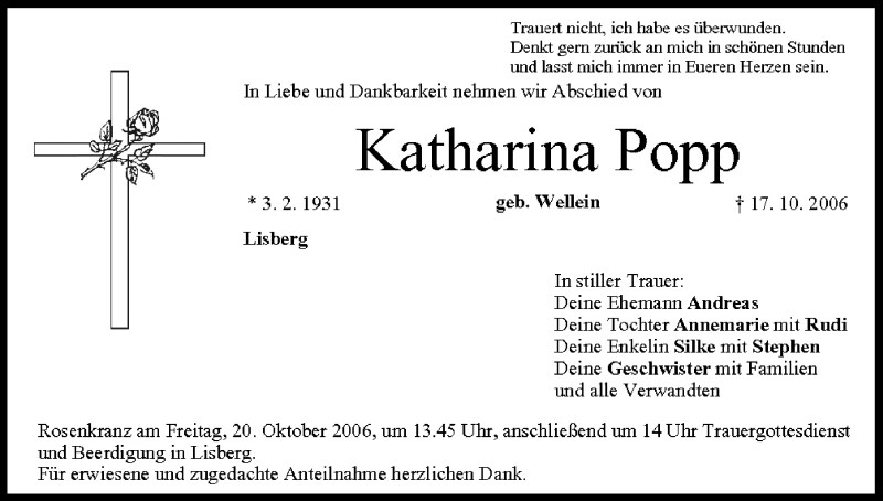 Katharina Popp Traueranzeige Trauer Infranken De