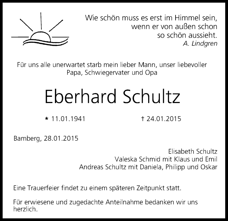  Traueranzeige für Eberhard Schultz vom 28.01.2015 aus MGO