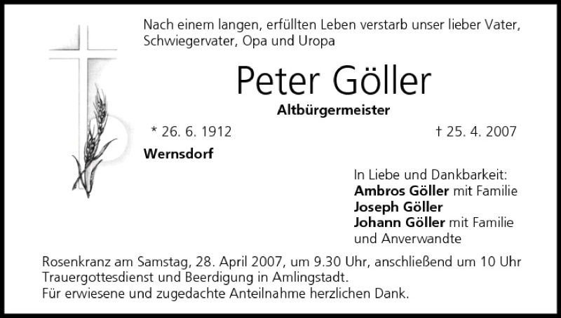 Peter Göller Traueranzeige trauer inFranken de