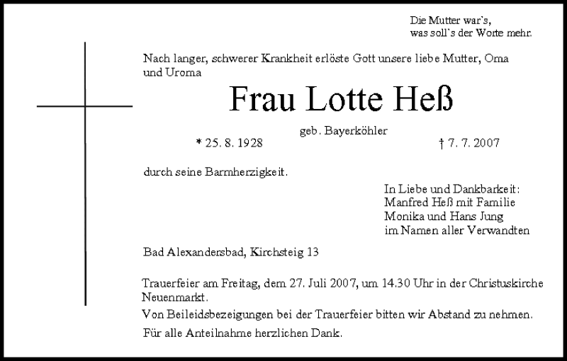 Lotte Heß Traueranzeige trauer inFranken de