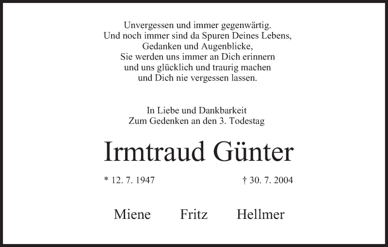 Traueranzeige für Irmtraud Günter vom 30.07.2007 aus MGO