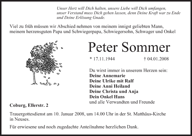 Traueranzeige für Peter Sommer vom 08.01.2008 aus MGO