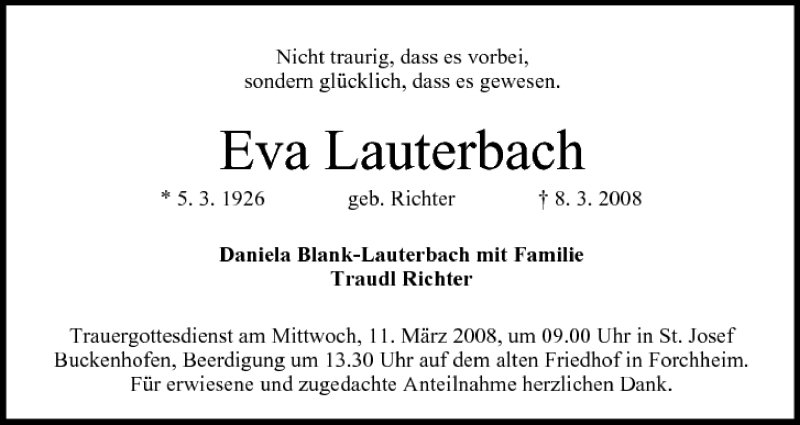 Eva Lauterbach Traueranzeige Trauer InFranken De