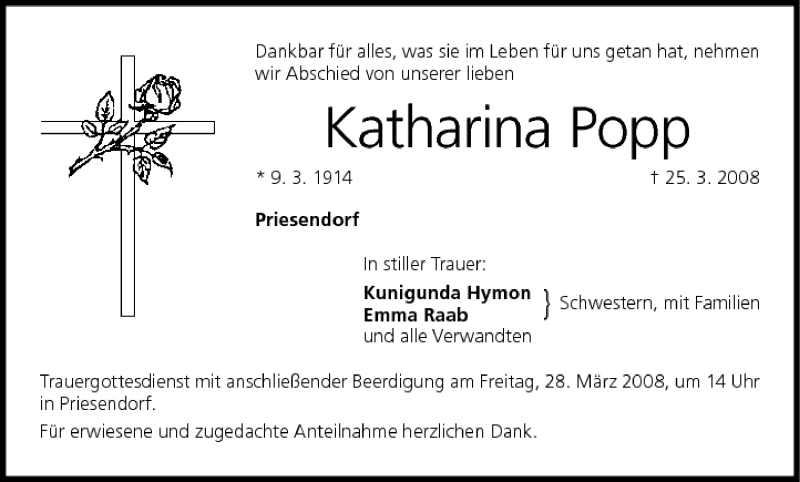 Katharina Popp Traueranzeige Trauer InFranken De