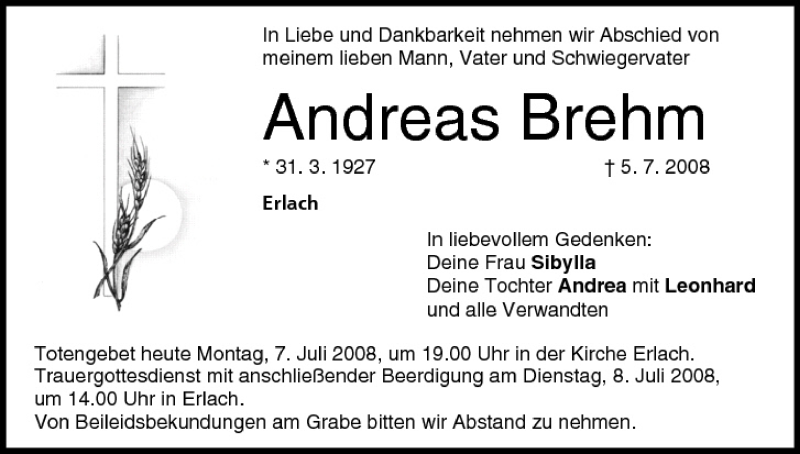 Andreas Brehm Traueranzeige Trauer InFranken De