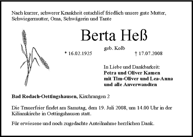 Berta He Traueranzeige Trauer Infranken De