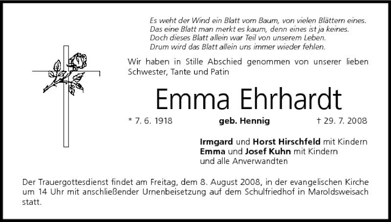 Emma Ehrhardt Traueranzeige Trauer InFranken De