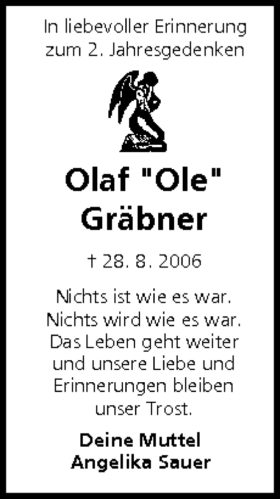  Traueranzeige für Olaf Gräbner vom 28.08.2008 aus MGO