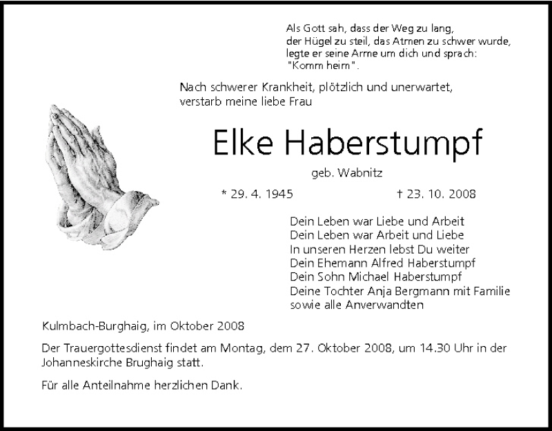  Traueranzeige für Elke Haberstumpf vom 25.10.2008 aus MGO