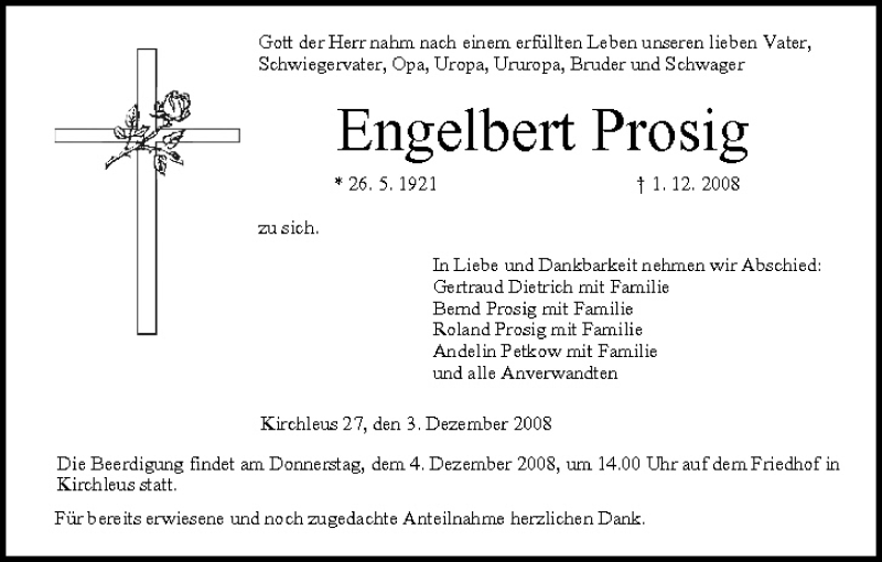 Engelbert Prosig Traueranzeige Trauer Infranken De