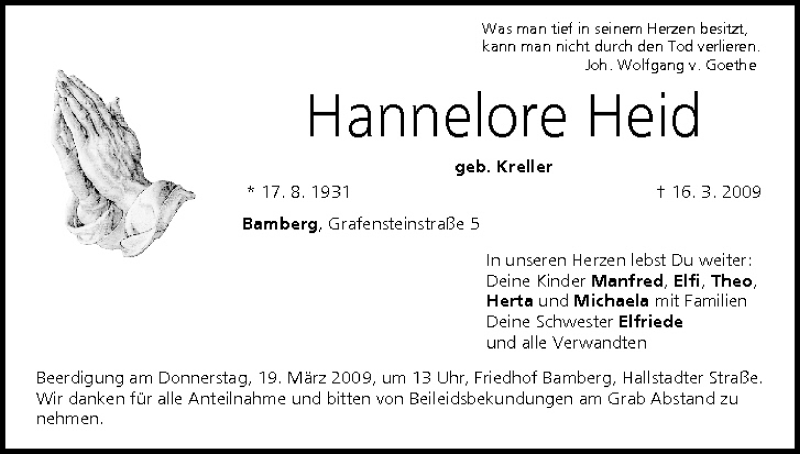  Traueranzeige für Hannelore Heid vom 17.03.2009 aus MGO
