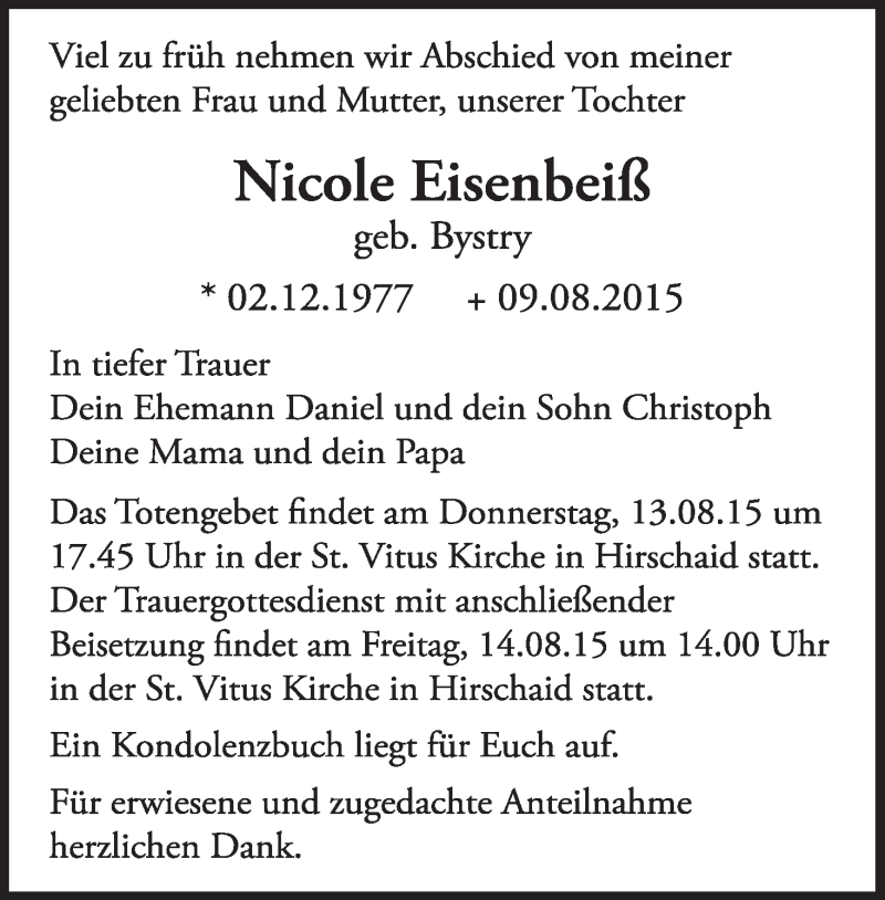  Traueranzeige für Nicole Eisenbeiß vom 12.08.2015 aus MGO