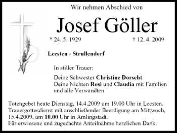 Josef Göller Traueranzeige trauer inFranken de