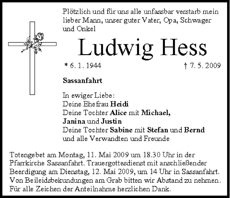 Ludwig Hess Traueranzeige Trauer InFranken De