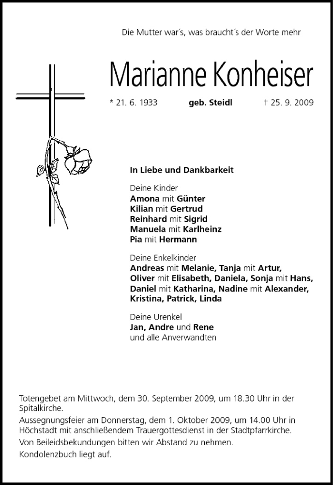  Traueranzeige für Marianne Konheiser vom 30.09.2009 aus MGO