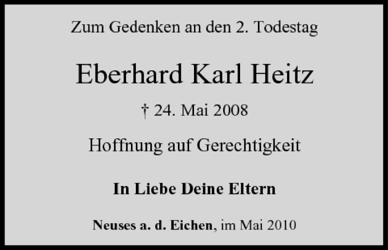  Traueranzeige für Eberhard Karl Heitz vom 22.05.2010 aus MGO