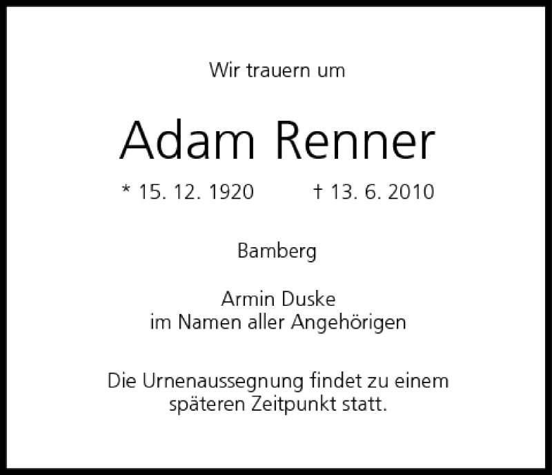 Adam Renner Traueranzeige Trauer InFranken De