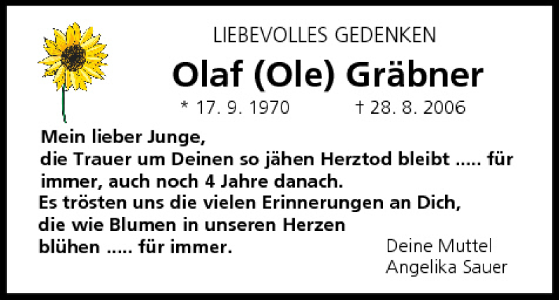  Traueranzeige für Olaf Gräbner vom 28.08.2010 aus MGO