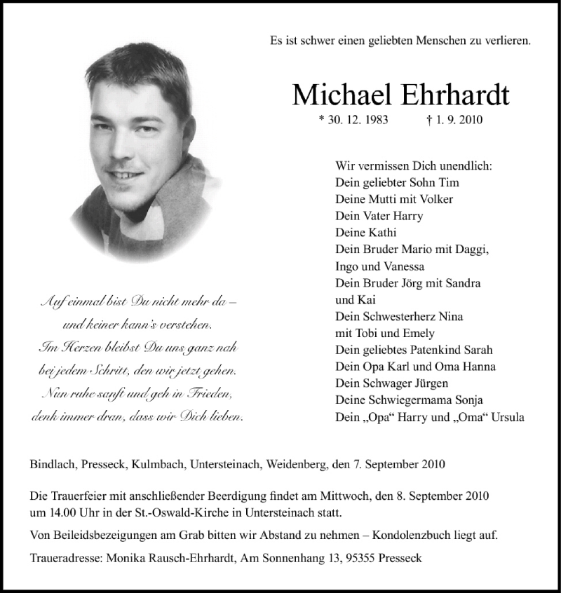  Traueranzeige für Michael Ehrhardt vom 07.09.2010 aus MGO