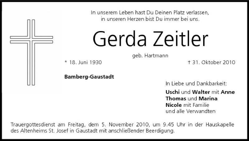  Traueranzeige für Gerda Zeitler vom 03.11.2010 aus MGO