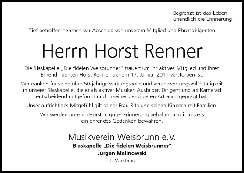 Horst Renner Traueranzeige Trauer InFranken De