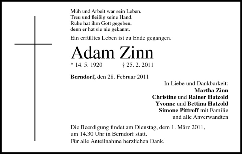 Adam Zinn Traueranzeige Trauer Infranken De