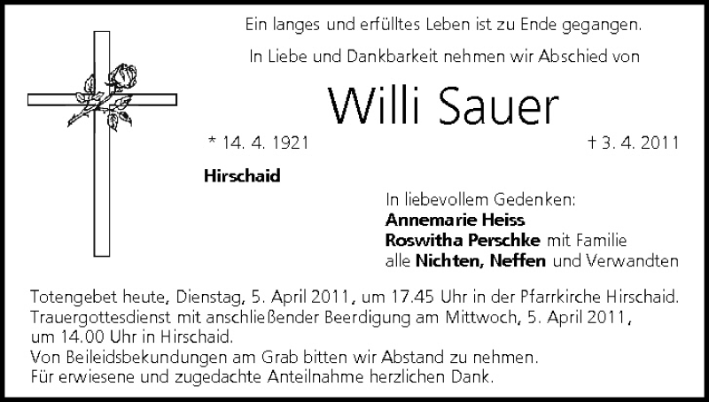 Willi Sauer Traueranzeige Trauer InFranken De