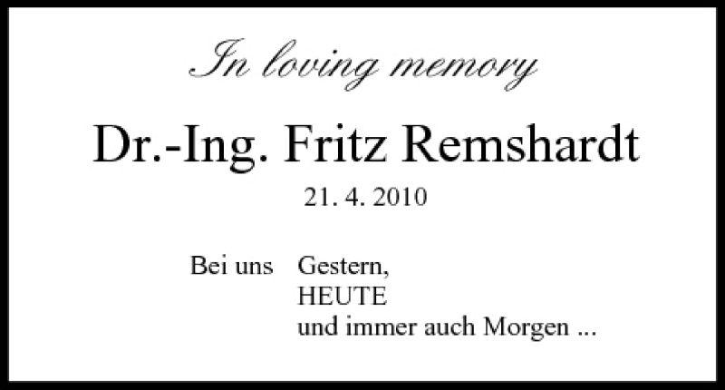  Traueranzeige für Fritz Remshardt vom 21.04.2011 aus MGO