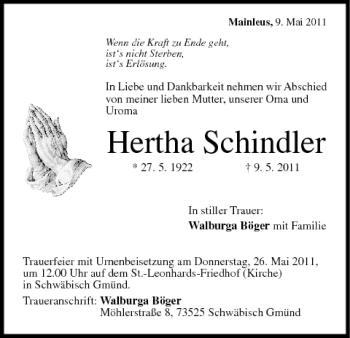 Anzeige von Hertha Schindler von MGO