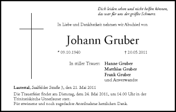 Anzeige von Johann Gruber von MGO