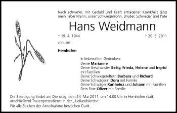 Anzeige von Hans Weidmann von MGO