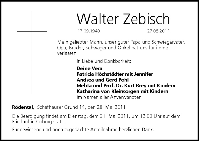  Traueranzeige für Walter Zebisch vom 28.05.2011 aus MGO