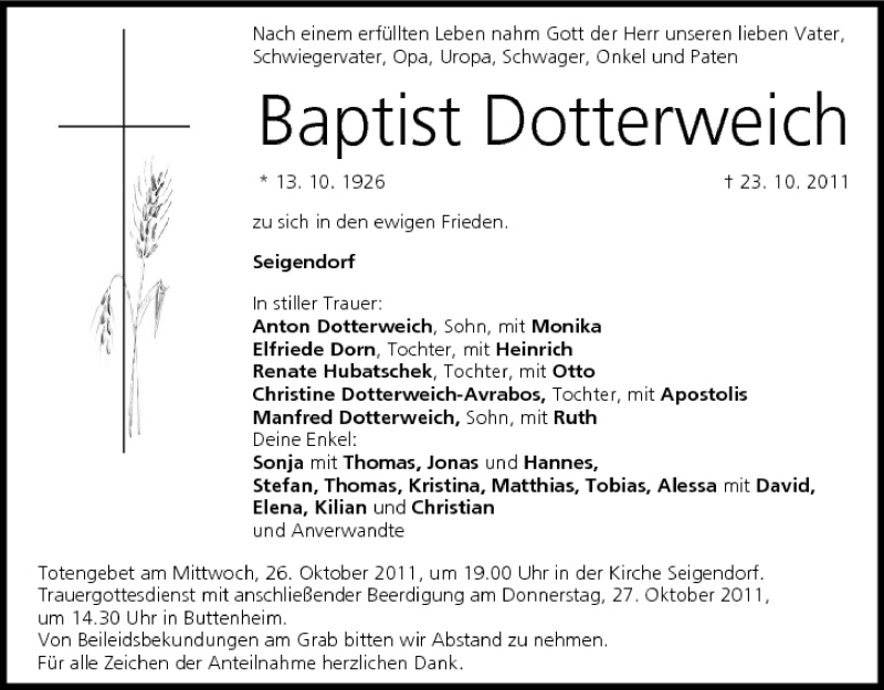 Baptist Dotterweich Traueranzeige Trauer Infranken De