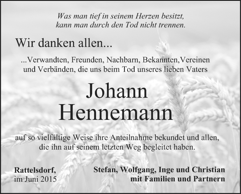  Traueranzeige für Johann Hennemann vom 04.07.2015 aus MGO