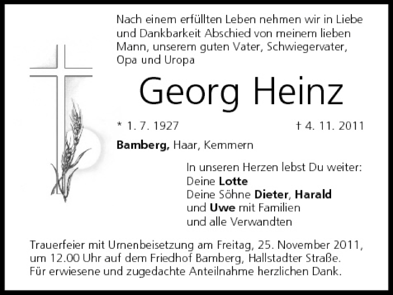 Georg Heinz Traueranzeige Trauer Infranken De