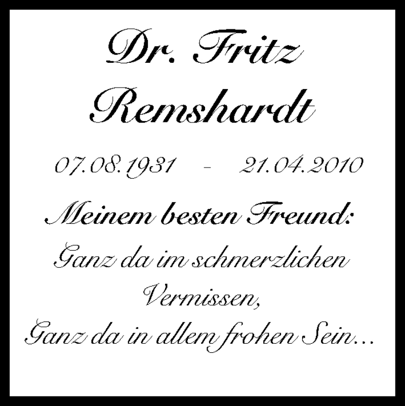  Traueranzeige für Fritz Remshardt vom 21.04.2012 aus MGO