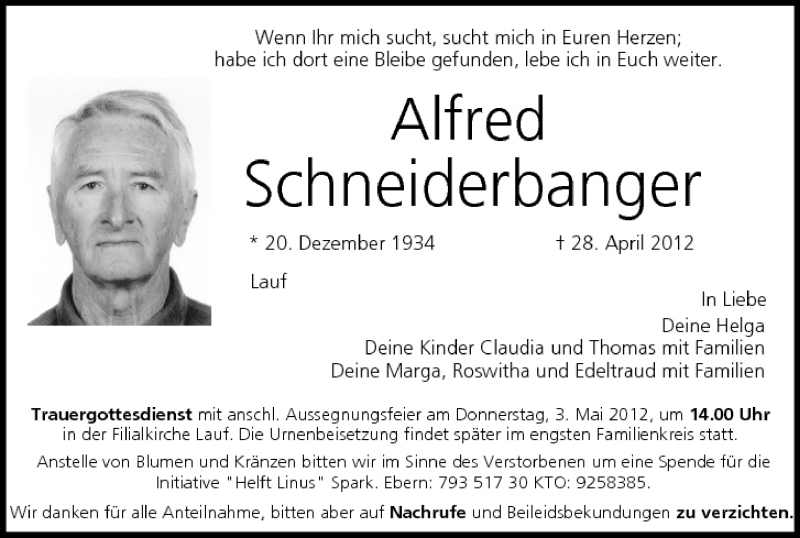  Traueranzeige für Alfred Schneiderbanger vom 30.04.2012 aus MGO