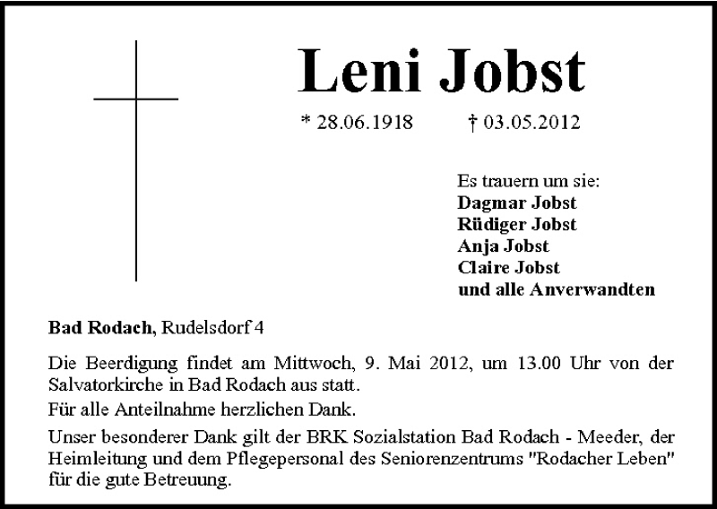 Leni Jobst Traueranzeige Trauer InFranken De